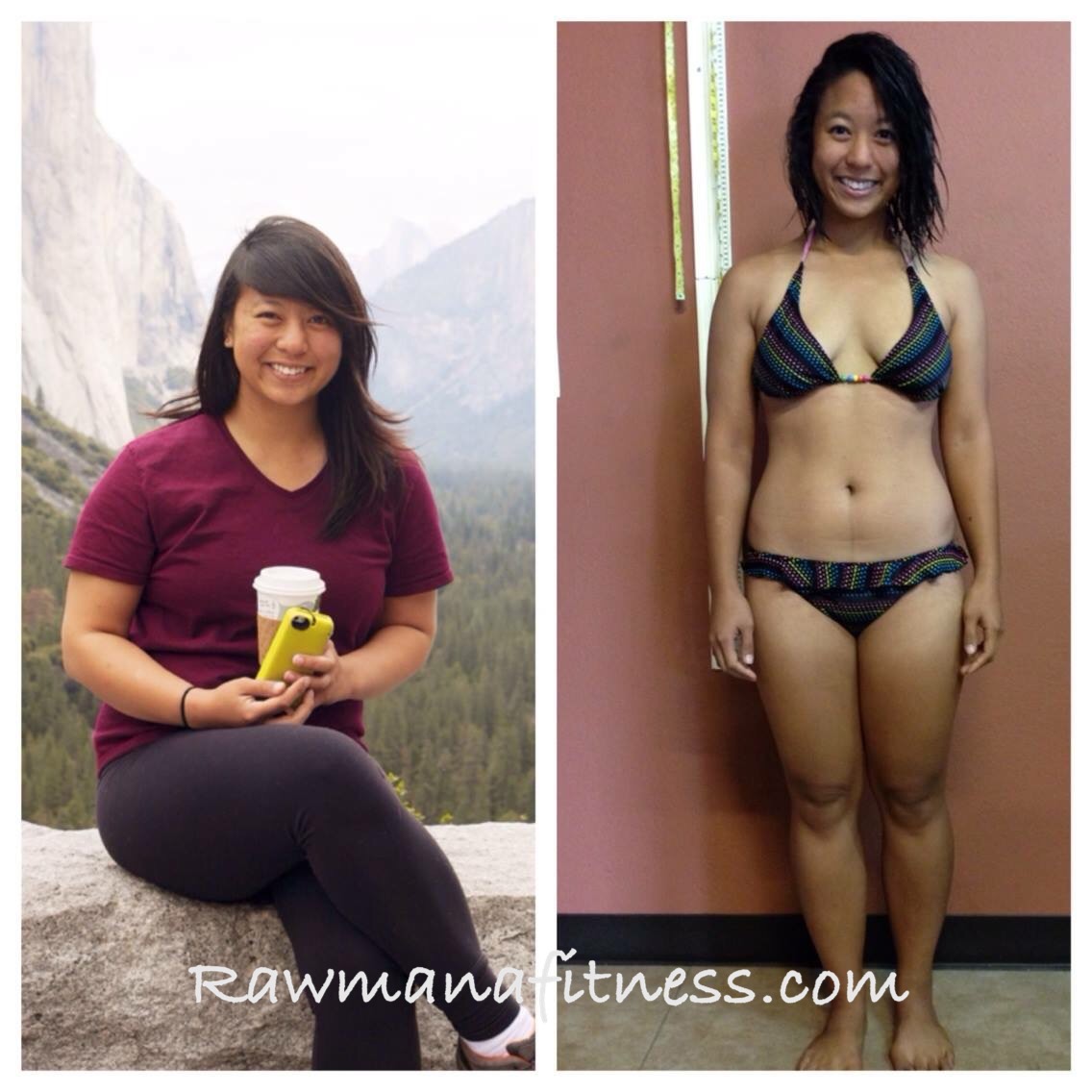 Before-and-after photos of a female body rebuild client, outdoors and at the studio.