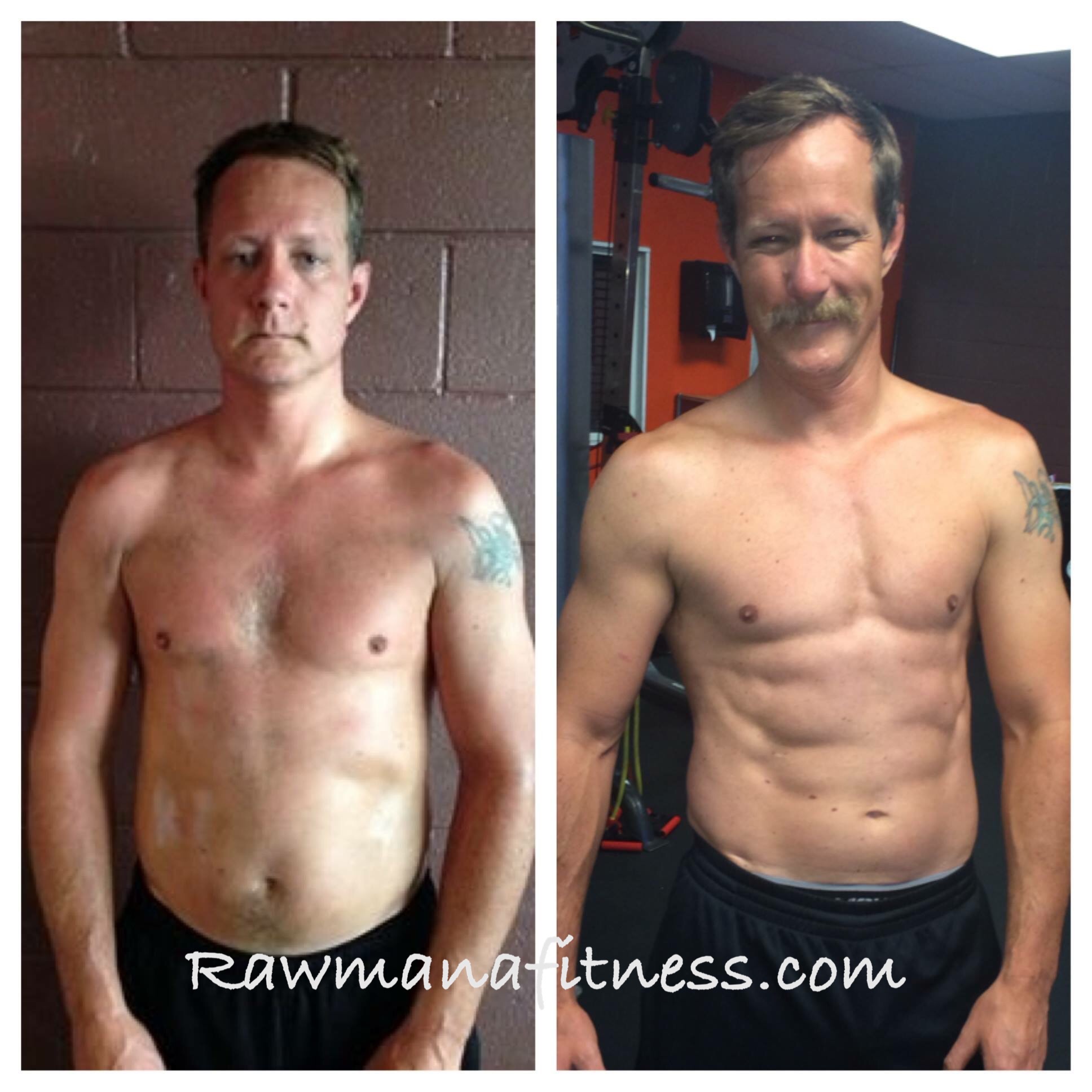 Before-and-after photos of a male body rebuild client.